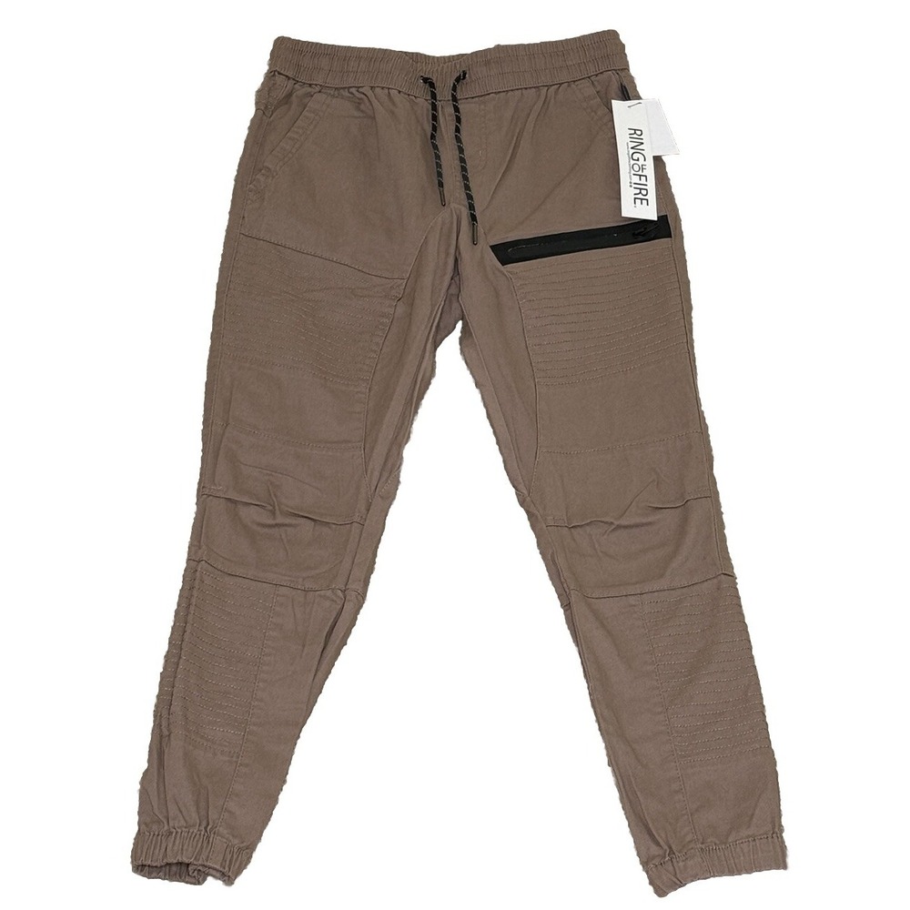 Ring Of Fire Pants Mens Small Tan Khaki‎ Moto Joggers Stretch Preppy Zip